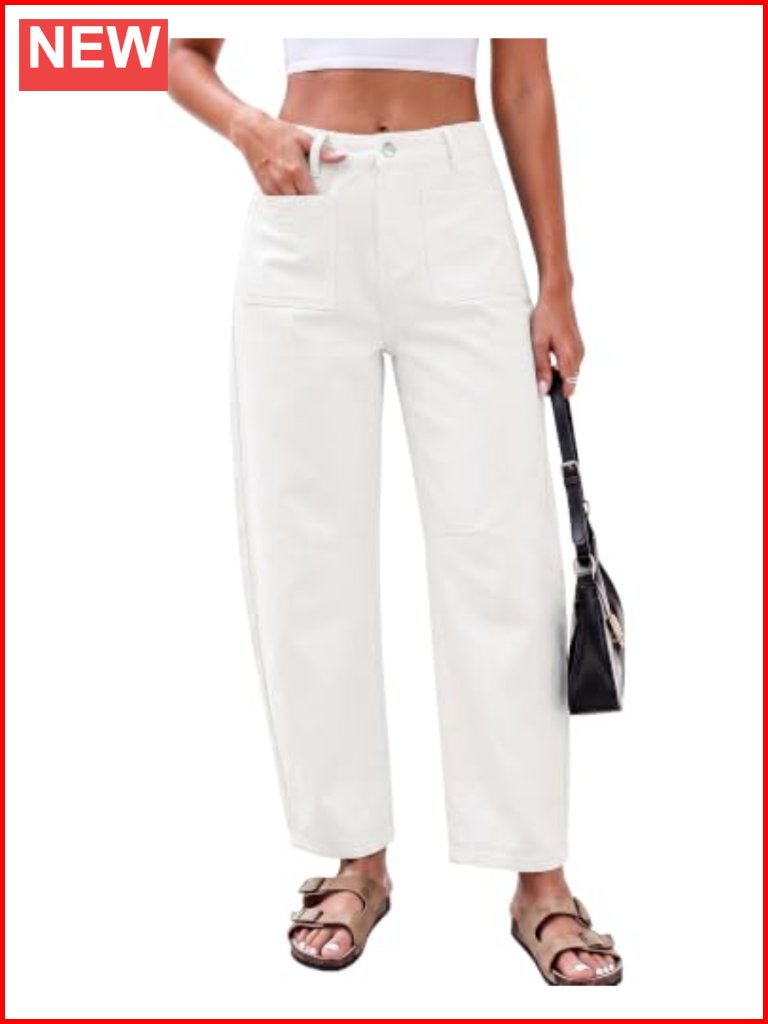High Waisted Barrel Cropped Wide Leg Stretch Denim Jeans With Patch Pockets